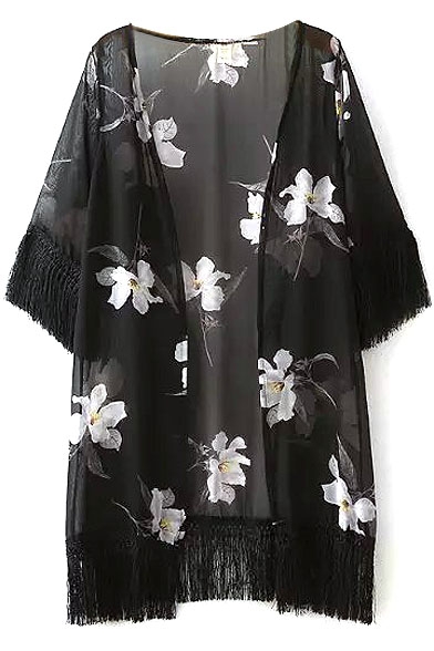 1/2 Sleeve Flora Tassel Trim Chiffon Kimono