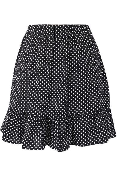 Black Background All Over Polka Dot Elastic Waist Short Skirt