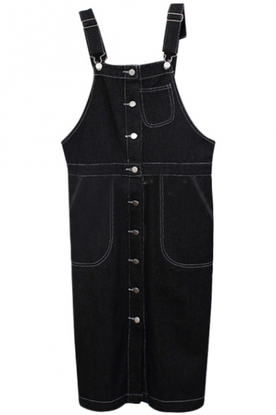 Black Button Fly Denim Overall Style Dress with Single Pocket