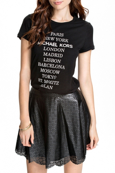 Black City Names Print Short Sleeve T-Shirt