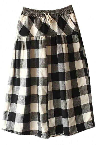 Black&Gray&White Plaid Pattern Mori Girl A-line Midi Skirt