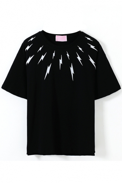 Black Short Sleeve White Flash Print T-Shirt