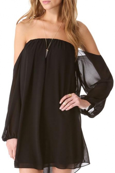 Black Strapless Off-the-Shoulder Elastic Detail Swing Dress