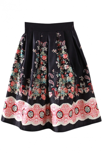 Black Vintage Flower Midi A-line Skirt