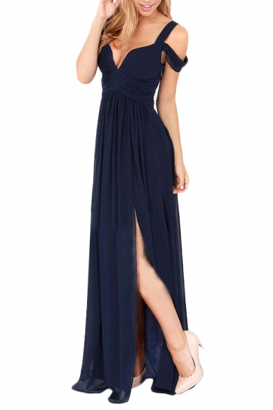Greece Style Plain Chiffon Ruched Floor Length Dress - Beautifulhalo.com