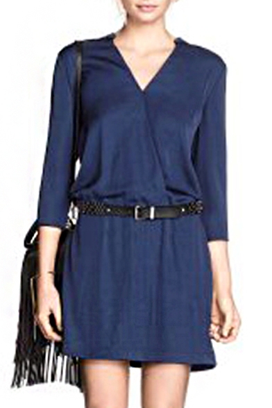 Plain V-Neck 3/4 Sleeve Belted Dress