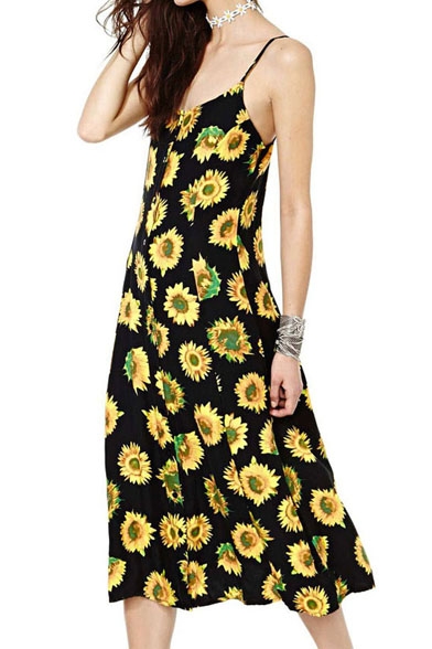 Sun Flower Print Slip Dress in Tea Length