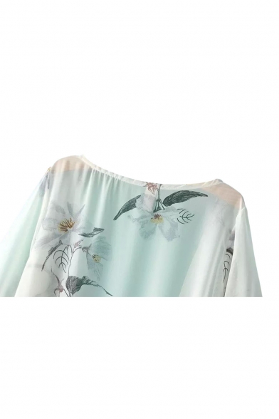 White 1/2 Sleeve Flora Tassel Trim Chiffon Kimono