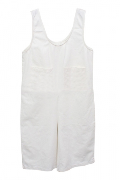 White Simple Double Pockets Front Sleeveless Rompers