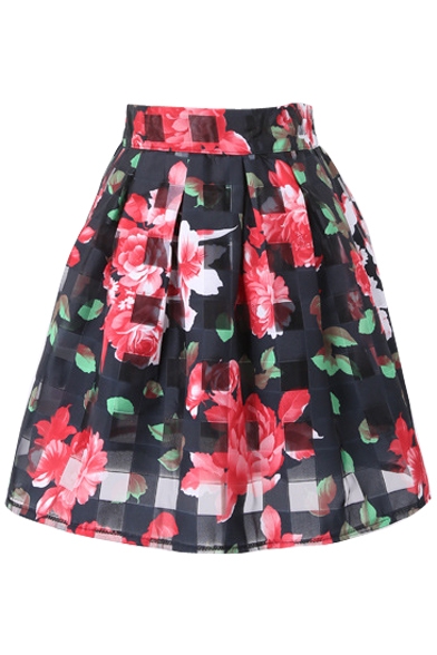 Checker&Red Flower Organza Pleated Skirt