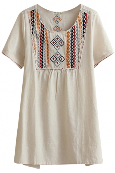 Cream Short Sleeve Ethnic Embroidered Loose Blouse