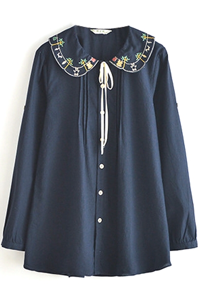 Dark Blue Long Sleeve Embroidered String Pleated Detail Shirt