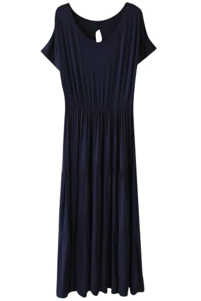 Dark Blue Short Sleeve Casual Slim Longline Dress