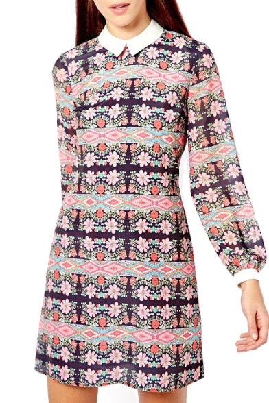 Floral Print Lapel Long Sleeve Fitted Dress