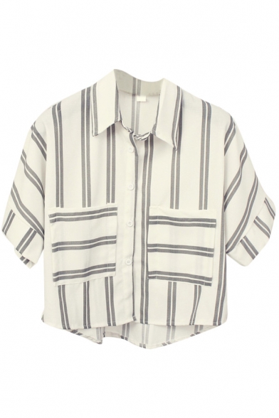 Gray Double Stripe Panel Short Sleeve Crop Chiffon Shirt