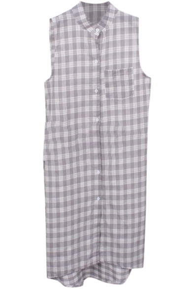 Gray Plaid Single Pocket Sleeveless Midi Shirt Dress