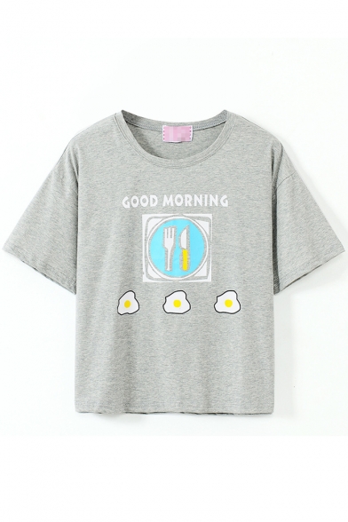 Gray Short Sleeve Omelette Breakfast Crop T-Shirt