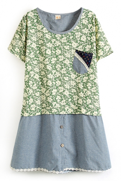 Short Sleeve Flora Pocket Appliques Buttoned Panel Style Dress