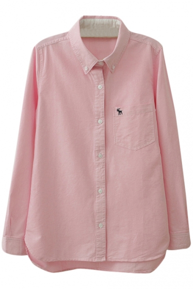 Pink Long Sleeve Tiny Deer Embroidered Shirt with Pocket