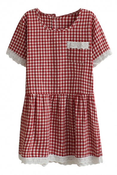 Red Short Sleeve Lace Trim Gingham Pattern Dress