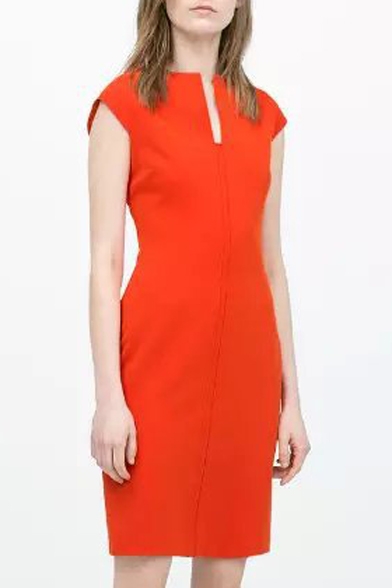 Split V-Neck Modern Slim Office Lady Style Orange Dress