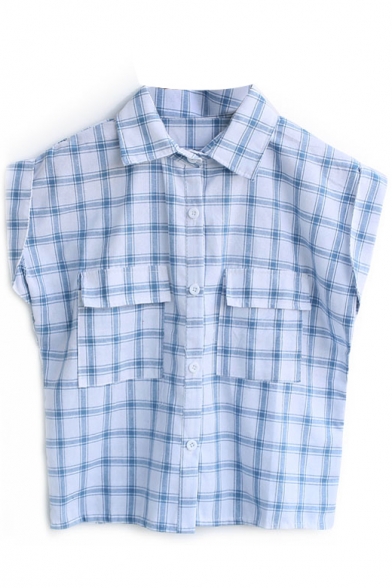 Blue Plaid Short Sleeve Pocket Shirt