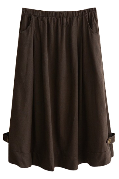 Brown Button Embellish Mori Girl Linen Midi Skirt