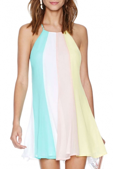 Color Block Halter Sleeveless A-Line Dress