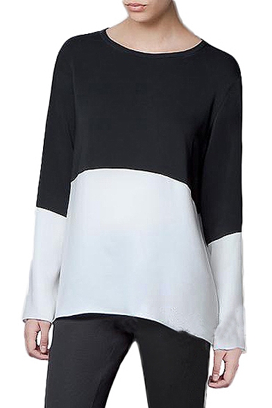 Color Block Long Sleeve Round Neck Top