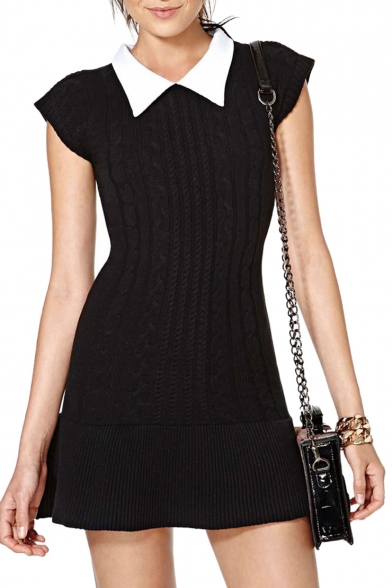 Contrast Point Collar Cap Sleeve Fitted Knitted Mini Dress