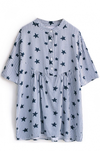 Dark Blue Striped Star Print Short Sleeve Shirt