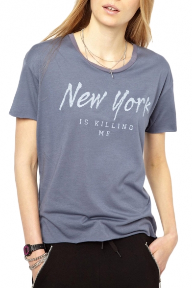 Gray Short Sleeve New York Print Fitted T-Shirt