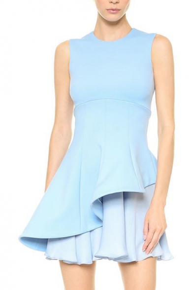 Light Blue Plain Fitted Asymmetric Chiffon Hem Round Neck Sleeveless Dress