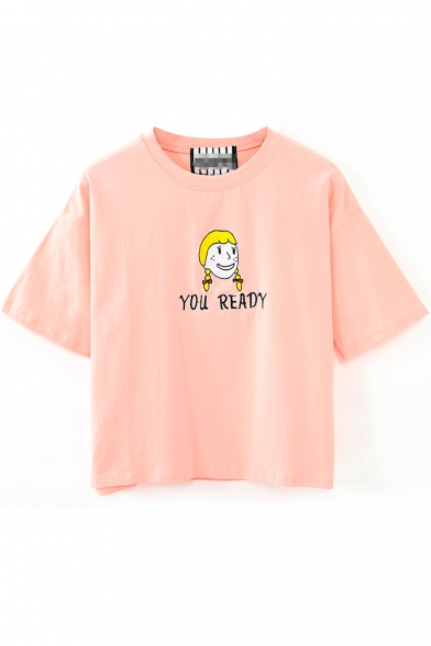 Pink Short Sleeve Yellow Ponytail Girl Crop T-Shirt
