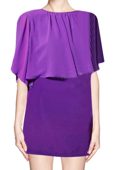 Purple Layered 1/2 Sleeve Zip Back Mini Dress