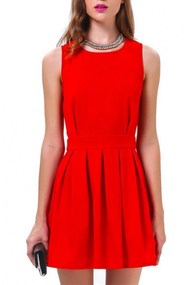 Red Sleeveless Round Neck Cutout Back Dress