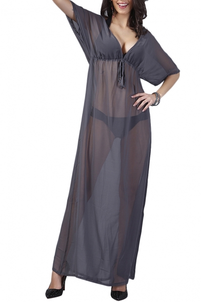 Sexy V-Neck Gray Illusion Style Maxi Holiday Cover-Up