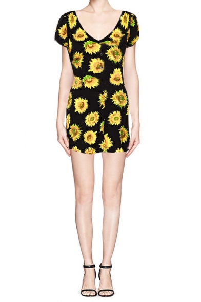 Sun Flower Print V Neck Short Sleeve Dress with Tie Back ...