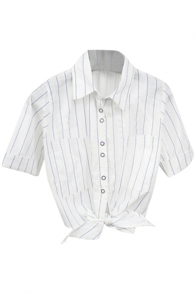 White Background Black Stripe Short Sleeve Crop Shirt with Knot Hem