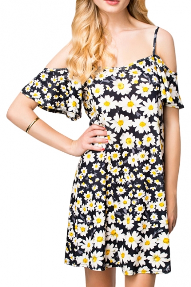 All Over Daisy Print Off-the-Shoulder Slip Chiffon Dress
