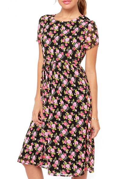 black dress with pink floral print