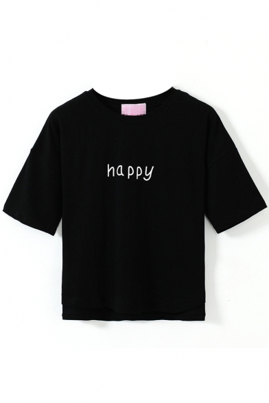 Short Sleeve Happy Print Crop T-Shirt
