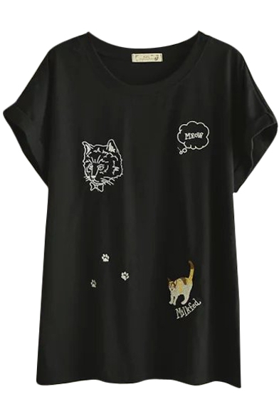 Black Short Sleeve Kitty Embroidered Midi T-Shirt
