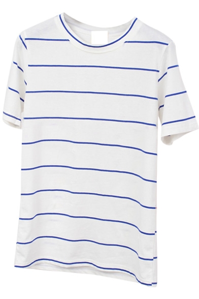 Blue Thin Stripe Short Sleeve Basic T-Shirt