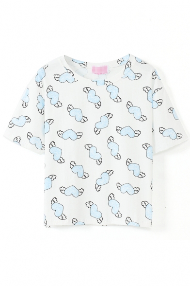 Blue Winged Heart Print White Crop T-Shirt