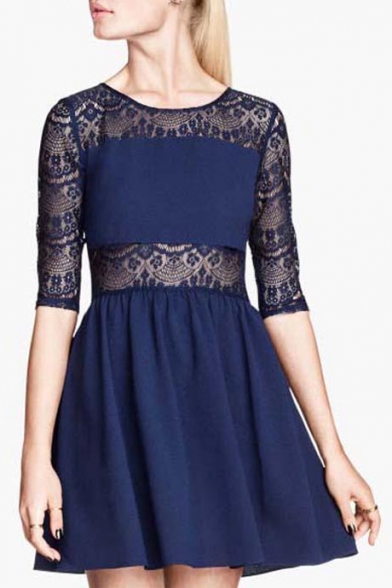 Dark Blue Elastic Lace Insert 3/4 Sleeve Mini Babydoll Dress