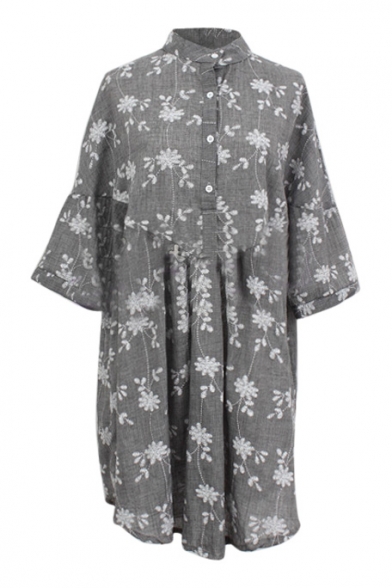 Gray 1/2 Sleeve White Flora Embroidered Shirt Style Swing Dress
