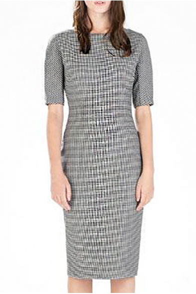 Houndstooth Boat Neck Short Sleeve Fitted Mid Dress