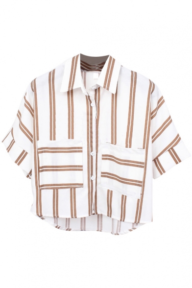 Khaki Double Stripe Panel Short Sleeve Crop Chiffon Shirt
