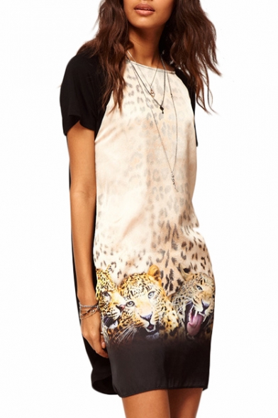 Short Sleeve Color Block Leopard Print Front Wild Style Loose Dress